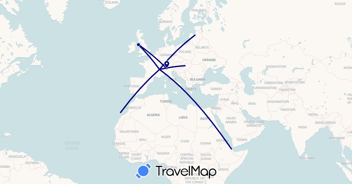 TravelMap itinerary: driving in Switzerland, Djibouti, Spain, Hungary, Isle of Man, Latvia (Africa, Europe)